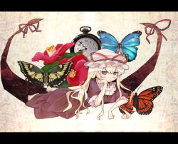 Rule 34 | 1girl, bug, butterfly, clock, dress, female focus, flower, garnet, hat, insect, letterboxed, lying, plant, solo, touhou, white hat, yakumo yukari