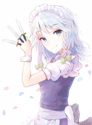 Rule 34 | 1girl, apron, between fingers, blue eyes, blue shirt, bow, braid, green bow, hair bow, holding, holding knife, hyakunin momoko, izayoi sakuya, knife, knives between fingers, long hair, looking at viewer, maid headdress, petals, shirt, short sleeves, silver hair, simple background, smile, solo, touhou, twin braids, upper body, waist apron, white apron, white background, white sleeves, wrist cuffs