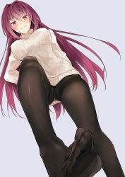 Rule 34 | 1girl, absurdres, black pantyhose, blue background, blush, breasts, brown background, commentary request, dutch angle, fate/grand order, fate (series), feet, hair between eyes, highres, large breasts, long hair, looking at viewer, no pants, no shoes, panties, panties under pantyhose, pantyhose, parted lips, purple hair, red eyes, ribbed sweater, scathach (fate), simple background, smile, soles, solo, standing, standing on one leg, sweater, thighband pantyhose, toes, tomozero, turtleneck, turtleneck sweater, underwear, very long hair, white sweater