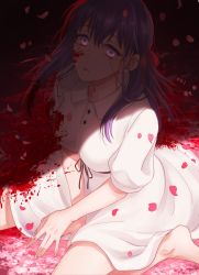 Rule 34 | 1girl, artist name, bare legs, barefoot, black ribbon, blood, blood in hair, blood on arm, blood on clothes, blood on face, breasts, buttons, cherry blossoms, dress, fate/stay night, fate (series), floating hair, from above, glowing, glowing eyes, hair between eyes, hair ribbon, large breasts, long hair, looking at viewer, matou sakura, official alternate costume, orii (orii i), parted lips, purple eyes, purple hair, red ribbon, rei no himo, ribbon, shadow, short dress, short sleeves, sitting, solo, stained clothes, sundress, wariza, white background, white dress