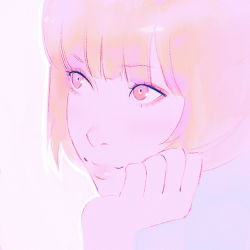 Rule 34 | 1girl, bad id, bad tumblr id, close-up, closed mouth, head on hand, head rest, ilya kuvshinov, lips, original, pink background, pink hair, portrait, red eyes, short hair, smile, solo
