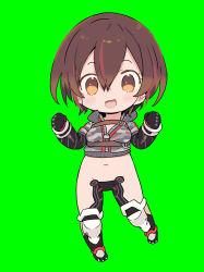 Rule 34 | 1girl, :d, belt, blade (galaxist), brown belt, brown eyes, brown hair, chest belt, chibi, cropped sweater, full body, green background, hands up, highres, hololive, looking at viewer, open mouth, paw shoes, revealing clothes, roboco-san, roboco-san (1st costume), smile, solo, virtual youtuber