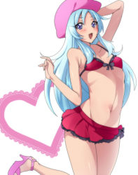 Rule 34 | 10s, 1girl, bad id, bad pixiv id, bikini, blue eyes, blue hair, blush, breasts, cleavage, happinesscharge precure!, hat, hosshiwa, long hair, looking at viewer, matching hair/eyes, mogiki hayami, navel, open mouth, pink hat, precure, red bikini, small breasts, smile, solo, swimsuit