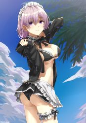 Rule 34 | 1girl, apron, artoria pendragon (all), artoria pendragon (alter swimsuit rider) (second ascension) (fate), artoria pendragon (fate), ass, bikini, bikini top only, bikini under clothes, black bow, black bowtie, black jacket, blue sky, bow, bowtie, breasts, cleavage, cloud, cosplay, cowboy shot, day, detached collar, fate/grand order, fate (series), frilled bikini, frills, jacket, large breasts, light purple hair, light smile, long sleeves, looking at viewer, looking back, maid, maid bikini, maid headdress, mash kyrielight, outdoors, palm leaf, purple eyes, ribbon-trimmed collar, ribbon trim, saber alter, saber alter (cosplay), short hair, sky, solo, somechime (sometime1209), swimsuit, thigh strap, twitter username, unconventional maid