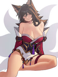 Rule 34 | 1girl, ahri (league of legends), alternate breast size, animal ears, bare shoulders, barefoot, black hair, breasts, cleavage, closed mouth, clothing request, collarbone, commentary, distr, english commentary, facial mark, fox ears, fox girl, fox tail, hair between eyes, large breasts, league of legends, long hair, multiple tails, simple background, sitting, slit pupils, solo, tail, whisker markings, white background, yellow eyes