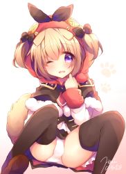 Rule 34 | 1girl, animal ears, azur lane, black bow, black capelet, black skirt, black thighhighs, blush, bow, brown background, brown footwear, capelet, commentary request, dog ears, dog girl, dog tail, fur-trimmed capelet, fur trim, gradient background, hair between eyes, hair bow, hand up, haru ichigo, highres, hood, hood up, hooded capelet, light brown hair, long sleeves, norfolk (azur lane), one eye closed, panties, parted lips, purple eyes, shirt, shoe soles, shoes, signature, sitting, skirt, sleeves past wrists, solo, tail, thighhighs, two side up, underwear, white background, white panties, white shirt