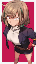 Rule 34 | 1girl, ahoge, asada hachi, belt, black belt, black jacket, black skirt, border, braid, breasts, brown eyes, brown hair, closed mouth, commentary request, fingerless gloves, gloves, green hair, hands on own hips, heart, heart necklace, highres, hinata haruka (kemono jihen), jacket, jewelry, kemono jihen, large breasts, looking at viewer, multicolored hair, necklace, open clothes, open jacket, outside border, pencil skirt, red background, red gloves, ribbed sweater, short hair, simple background, skirt, solo, standing, streaked hair, sweater, turtleneck, turtleneck sweater, twitter username, watermark, white border, white sweater