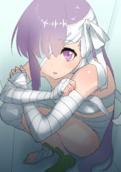 Rule 34 | 1girl, bandage over one eye, bandaged arm, bandaged leg, bandages, bare shoulders, crossed arms, fate/extra, fate/extra ccc, fate (series), green322, kingprotea (fate), long hair, looking at viewer, moss, open mouth, purple eyes, purple hair, solo, squatting, straight hair, very long hair