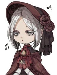 Rule 34 | 1girl, :o, bad id, bad twitter id, beamed quavers, bloodborne, bonnet, cloak, colored eyelashes, doll joints, flower, grey eyes, half-closed eyes, joints, musical note, open mouth, own hands clasped, own hands together, plain doll, quaver, red flower, red rose, rose, short hair, silver hair, solo, swept bangs, tokio (okt0w0), upper body