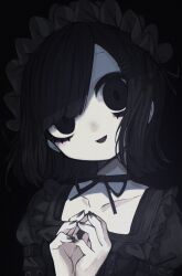 Rule 34 | 1girl, :d, black background, black eyes, black hair, black hairband, black nails, bow choker, choker, collarbone, dress, frilled dress, frilled hairband, frills, gothic lolita, hairband, head tilt, highres, ketopon, lolita fashion, looking at viewer, medium hair, open mouth, original, own hands together, pale skin, portrait, simple background, smile, solo, upper body