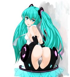 Rule 34 | 1girl, aqua eyes, aqua hair, ass, bare shoulders, cameltoe, elbow gloves, from behind, gario zephyr, gloves, hatsune miku, hatsune miku (append), hip focus, long hair, looking at viewer, looking back, necktie, solo, thigh gap, thighhighs, thighs, twintails, uneven eyes, vocaloid, vocaloid append