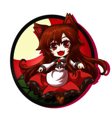 Rule 34 | 1girl, animal ears, brooch, brown hair, chibi, dress, fang, full moon, imaizumi kagerou, jewelry, kiki fushigi, long hair, long sleeves, looking at viewer, moon, night, open mouth, red eyes, red sky, skirt, skirt hold, sky, smile, solo, tail, touhou, very long hair, wolf ears, wolf tail