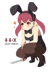 Rule 34 | 1girl, absurdres, animal ears, arrow (symbol), bad id, bad pixiv id, bare shoulders, black bow, black bowtie, black footwear, black leotard, blush, bow, bowtie, breasts, brown eyes, brown pantyhose, cleavage, closed mouth, collar, detached collar, fake animal ears, full body, high heels, highres, holding, holding knife, knife, leotard, long hair, looking away, medium breasts, original, pantyhose, pink hair, playboy bunny, rabbit ears, solo, sparkle, squatting, strapless, strapless leotard, surio, tears, twintails, white background, white collar, wrist cuffs