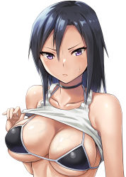 Rule 34 | &gt;:(, 1girl, bare arms, bare shoulders, bikini, black bikini, black choker, black hair, blush, breasts, choker, cleavage, closed mouth, clothes lift, collarbone, commentary, hashi, large breasts, lifted by self, lips, long hair, looking at viewer, original, purple eyes, shirt lift, sidelocks, simple background, skindentation, sleeveless, solo, string bikini, sweatdrop, swimsuit, upper body, veins, veiny breasts, white background