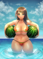 Rule 34 | 1girl, artist name, bikini, blue sky, breasts, brown hair, cleavage, cloud, collarbone, commentary request, dated, day, eyelashes, food, food print, fruit, gluteal fold, green eyes, highres, holding, holding food, katoyo85, large breasts, long hair, looking at viewer, mole, mole under mouth, navel, nipples, original, outdoors, print bikini, side-tie bikini bottom, sky, solo, standing, stomach, swimsuit, thighs, wading, water, watermelon, watermelon print, wet