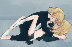 Rule 34 | 1boy, 1girl, barefoot, blonde hair, blue eyes, blush, breasts, brother and sister, clothed sex, face-to-face, fingers to mouth, forehead-to-forehead, half-closed eyes, heads together, heavy breathing, implied sex, incest, interlocked fingers, kagamine len, kagamine rin, lying, midriff, missionary, navel, nibbling, on back, open clothes, open mouth, same (seirenmetal), school uniform, short ponytail, siblings, small breasts, socks, sweat, sweatdrop, twincest, twins, underboob, vocaloid