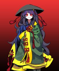 Rule 34 | 1girl, absurdres, ajirogasa, black hair, blue dress, dress, gradient background, green dress, hat, highres, horns, long hair, long sleeves, looking at viewer, monk, nippaku zanmu, nunrb, oni horns, open mouth, red eyes, smile, solo, touhou, unfinished dream of all living ghost, wide sleeves