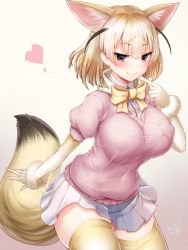 Rule 34 | 10s, 1girl, :3, animal ears, blonde hair, blush, breasts, brown eyes, covered erect nipples, doyouwantto, fennec (kemono friends), fox ears, fox tail, gloves, heart, highres, kemono friends, large breasts, looking at viewer, miniskirt, pleated skirt, school uniform, short-sleeved sweater, short sleeves, skirt, smile, solo, standing, sweater, tail, thighhighs, yellow thighhighs