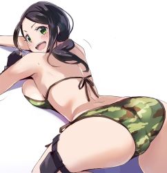 Rule 34 | 1girl, all fours, ass, bikini, black gloves, black hair, blush, breast press, breasts, camouflage, camouflage bikini, fingerless gloves, gloves, green bikini, green eyes, idolmaster, idolmaster cinderella girls, kawaty, large breasts, long hair, looking back, open mouth, pouch, side-tie bikini bottom, sideboob, simple background, smile, solo, swimsuit, thigh strap, white background, yamato aki