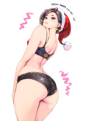 Rule 34 | 1girl, ^^^, ass, black hair, black shirt, blouse, blush, character name, dated, english text, from behind, hat, highres, hotpants, long hair, looking back, original, red hat, santa hat, shirt, simple background, solo, white background, xiao woo