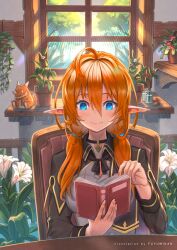 Rule 34 | 1girl, artist name, blue eyes, book, chair, choker, closed mouth, day, english text, flower, hanging plant, highres, holding, holding book, indoors, light, long hair, long sleeves, nagi itsuki, orange hair, original, plant, pointy ears, potted plant, reading, sitting, smile, solo, table, twintails, upper body, white flower, window