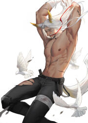 Rule 34 | 1boy, absurdres, arknights, armpits, arms up, bandaged arm, bandages, bara, beard, bird, blood, closed eyes, cuts, facial hair, feet out of frame, hair wings, hellagur (arknights), highres, injury, large pectorals, long hair, looking at viewer, male focus, mature male, mustache, pants, pectorals, pigeon, ribbon, scar, scar on stomach, solo, torn clothes, torn pants, white hair, wind, yellow eyes, yuyuyu11