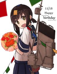 Rule 34 | 10s, 1girl, :d, anchor, bad id, bad twitter id, blue skirt, blurry, blush, bouquet, brown eyes, brown hair, commentary, cowboy shot, dated, depth of field, english text, eyebrows, flag, flower, from side, fubuki (kancolle), hair ornament, happy birthday, highres, holding, holding bouquet, kantai collection, looking at viewer, low ponytail, matching hair/eyes, object on head, open mouth, pleated skirt, revision, school uniform, serafuku, short ponytail, short sleeves, sidelocks, simple background, skirt, smile, solo, strap, string of flags, tabiaki (cosy catastrophe), white background