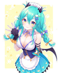 Rule 34 | 1girl, :3, absurdres, apron, aqua hair, asymmetrical gloves, black gloves, black wings, blue eyes, blue skirt, blush, braid, breasts, cat hair ornament, chitetan, cleavage, cleavage cutout, closed mouth, clothing cutout, elbow gloves, fang, fang out, fingerless gloves, frilled apron, frills, gloves, hair between eyes, hair ornament, hairclip, hand up, highres, horns, indie virtual youtuber, long hair, low wings, maid headdress, medium breasts, necora nyaru, pleated skirt, short eyebrows, single elbow glove, skirt, smile, solo, thick eyebrows, twin braids, twintails, uneven gloves, virtual youtuber, waist apron, white apron, wings, x hair ornament