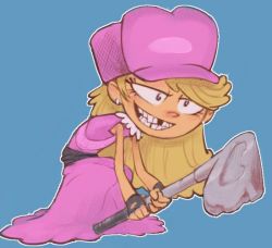 Rule 34 | &gt;:d, 1girl, :d, black eyes, black gloves, blonde hair, blue background, blush, child, conoghi, dress, earrings, evil grin, evil smile, fingerless gloves, gloves, golf club, grin, hat, holding, jewelry, lola loud, long hair, missing tooth, nickelodeon, open mouth, pink dress, pink headwear, sleeveless, sleeveless dress, smile, standing, teeth, the loud house, v-shaped eyebrows
