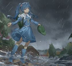 Rule 34 | 1girl, absurdres, backpack, bag, blue footwear, blue hair, blue shirt, blue skirt, boots, closed eyes, closed mouth, commentary request, flat cap, frilled shirt collar, frills, full body, green bag, hair bobbles, hair ornament, hat, highres, holding, holding clothes, holding hat, kawashiro nitori, key, long hair, long sleeves, outdoors, overcast, rain, ripples, rock, rubber boots, shirt, skirt, sky, smile, solo, touhou, tree, twintails, unworn headwear, wading, wind, xinjinjumin249055877979