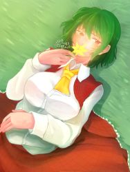 Rule 34 | 1122yuki, 1girl, ascot, bad id, bad pixiv id, blush, breasts, bright pupils, collared shirt, commentary request, covering own mouth, dated, flower, frilled skirt, frills, grass, green hair, hair between eyes, half-closed eyes, highres, holding, holding flower, kazami yuuka, large breasts, long sleeves, looking to the side, lying, on back, on grass, open clothes, open vest, plaid, plaid skirt, plaid vest, red eyes, red skirt, red vest, shiny skin, shirt, short hair, signature, skirt, skirt set, slit pupils, solo, touhou, vest, white shirt