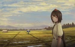 Rule 34 | 1girl, ajirogasa, architecture, arm at side, belt, bird, black hair, black necktie, blue sky, breasts, building, cloud, day, east asian architecture, expressionless, farm, faux traditional media, feathered wings, fjsmu, forest, hat, highres, looking at viewer, nature, necktie, outdoors, puddle, puffy short sleeves, puffy sleeves, red eyes, scarecrow, shameimaru aya, shirt, short hair, short sleeves, sky, small breasts, solo, tokin hat, touhou, untucked shirt, upper body, white shirt, wings