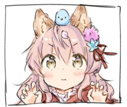 Rule 34 | 1girl, 1other, animal, animal ears, animal on head, bird, bird on head, blush, capelet, commentary request, flower, framed, hair between eyes, hair flower, hair ornament, looking at viewer, on head, original, paw pose, pink hair, portrait, red capelet, shirt, sidelocks, simple background, v-shaped eyebrows, wataame27, wavy mouth, white background, white shirt, wolf-chan (wataame27), wolf ears, wolf girl, yellow eyes