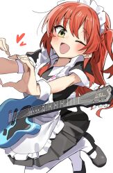 Rule 34 | 1girl, absurdres, alternate costume, apron, black dress, black footwear, blush, bocchi the rock!, dress, electric guitar, enmaided, frilled apron, frills, green eyes, guitar, haruyuki (gffewuoutgblubh), heart, heart hands, highres, instrument, kita ikuyo, long hair, looking at viewer, maid, one eye closed, one side up, open mouth, pantyhose, red hair, shoes, short sleeves, simple background, smile, solo, white apron, white background, white pantyhose, wrist cuffs