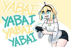 Rule 34 | 1girl, amano pikamee, bent over, black hairband, blonde hair, blue eyes, blue hair, bra strap, breasts, colored inner hair, commentary, controller, crying, english commentary, game controller, hairband, highres, holding, holding controller, holding game controller, limebreaker, medium hair, multicolored hair, off-shoulder shirt, off shoulder, open mouth, sharp teeth, shirt, short shorts, shorts, small breasts, smile, solo, streaming tears, tears, teeth, two-tone hair, virtual youtuber, voms, wide sleeves