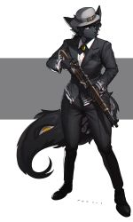 Rule 34 | 1girl, absurdres, animal ears, artist name, black fur, black hair, blue eyes, body fur, bolt action, breasts, brown eyes, commission, formal, full body, furry, furry female, grey background, gun, hat, highres, holding, holding gun, holding weapon, jacket, large breasts, long sleeves, looking at viewer, original, pants, pgm300, pocket square, rifle, shoes, simple background, solo, standing, suit, suit jacket, tail, third eye, two-tone background, watermark, weapon, white background, yellow eyes