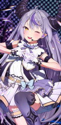 Rule 34 | 1girl, ahoge, blush, braid, braided bangs, dress, earpiece, gloves, grey hair, heart, heart hands, highres, hololive, hololive idol uniform, la+ darknesss, long hair, looking at viewer, multicolored hair, official alternate costume, one eye closed, pointy ears, purple thighhighs, sawamaru 0528, single braid, single thighhigh, skirt, smile, solo, streaked hair, teeth, thighhighs, upper teeth only, very long hair, vest, virtual youtuber, white dress, white gloves, white skirt, white vest, yellow eyes