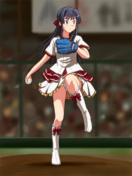 Rule 34 | 1girl, baseball, baseball glove, baseball jersey, black hair, blue eyes, blurry, blurry background, boots, bow, closed mouth, commentary request, depth of field, footwear bow, frilled skirt, frills, frown, full body, hair bow, holding, idolmaster, idolmaster million live!, jersey, knee boots, lielos, long hair, looking to the side, miniskirt, mogami shizuka, panties, pantyshot, pitcher&#039;s mound, red bow, shirt, short sleeves, skirt, solo, solo focus, stadium, standing, standing on one leg, sweatdrop, throwing, underwear, white footwear, white shirt, white skirt