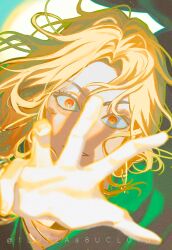 blackbox_(blackbox9158) blonde_hair cape character_request earrings gold_earrings green_cape hair_between_eyes jewelry long_hair looking_at_viewer male_focus nirvana_moebius orange_eyes