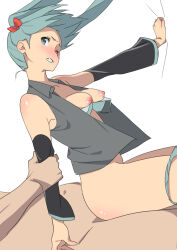 Rule 34 | 1boy, 1girl, aqua bra, aqua hair, aqua panties, blush, bra, bra pull, breasts, clenched teeth, clothes pull, hanging breasts, hatsune miku, hetero, medium breasts, nipples, one eye closed, onsenonsen678, open clothes, open shirt, panties, panty pull, reverse cowgirl position, sex, sex from behind, straddling, teeth, thighs, twintails, underwear, vocaloid