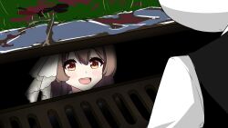 Rule 34 | 1boy, 1girl, absurdres, blush, brown eyes, brown hair, commentary request, grate, gryebooks, hair between eyes, highres, it (stephen king), looking at another, open mouth, parody, rain, satono diamond (umamusume), school uniform, sewer, sewer grate, tracen school uniform, trainer (umamusume), umamusume, uniform