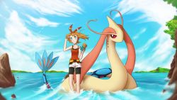 Rule 34 | 1girl, 2014, armpits, artist name, bare shoulders, beach, bike shorts, black shorts, blue eyes, bow, brown hair, child, clenched hands, cloud, cloudy sky, collarbone, creatures (company), day, eyelashes, fanny pack, feet in water, female focus, game freak, gen 3 pokemon, gen 6 pokemon, hair bow, hair ornament, hair ribbon, hands up, happy, holding, legs, looking at viewer, looking away, may (pokemon), may (pokemon oras), medium hair, milotic, mountain, nature, neck, nintendo, ocean, outdoors, plant, playing with own hair, pokedex, pokemon, pokemon (creature), pokemon oras, red bow, red ribbon, red shirt, ribbon, shirt, short ponytail, short shorts, shorts, size difference, sky, sleeveless, sleeveless shirt, smile, standing, thighs, tree, two-tone bow, two-tone ribbon, water, wind, yuzahunter
