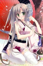 Rule 34 | 1girl, absurdres, bare shoulders, blush, breasts, brown hair, floral print, full body, green eyes, hand up, head tilt, highres, holding, huge filesize, japanese clothes, kimono, looking at viewer, obi, parasol, sandals, sash, scan, sesena yau, side ponytail, single sleeve, sitting, sleeveless, solo, squatting, tabi, tareme, thighhighs, umbrella, wariza, white thighhighs