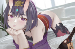 Rule 34 | 1girl, absurdres, alcohol, bare shoulders, bob cut, breasts, collarbone, eyeliner, fang, fate/grand order, fate (series), headpiece, highres, horns, japanese clothes, kimono, long sleeves, looking at viewer, makeup, obi, oni, purple eyes, purple hair, purple kimono, quatthro, revealing clothes, sake, sash, short hair, shuten douji (fate), skin-covered horns, small breasts, smile, wide sleeves