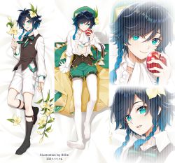 Rule 34 | 1boy, 2021, apple, billie (meng gong fang), blue eyes, blue hair, bow, bowtie, braid, chest tattoo, commentary request, dakimakura (medium), dated, flower, food, frilled shirt, frills, fruit, full body, genshin impact, gradient hair, hair between eyes, hair flower, hair ornament, hat, holding, holding flower, holding food, holding fruit, long sleeves, looking at viewer, lying, multicolored hair, multiple views, on back, open clothes, open mouth, open shirt, pantyhose, shirt, shorts, smile, tattoo, teeth, tongue, twin braids, venti (genshin impact), vision (genshin impact)