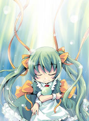 Rule 34 | 1girl, bow, brooch, crossed arms, eyebrows, gem, green hair, ham (points), horns, jewelry, long hair, maid, melon-chan, melonbooks, solo, twintails, very long hair, wrist cuffs, yellow bow