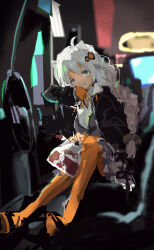 Rule 34 | 1girl, absurdres, ahoge, animal ears, arcade, arcade cabinet, arm rest, bag, black jacket, blurry, blurry background, bracelet, braid, cat ears, commentary request, dress, fingerless gloves, full body, gloves, grey dress, hair ornament, head on arm, highres, holding, holding bag, indoors, jacket, jewelry, kabuyama kaigi, kemonomimi mode, kfc, kizuna akari, light blush, long hair, long sleeves, looking at viewer, on chair, open clothes, open jacket, open mouth, orange gloves, orange pantyhose, pantyhose, pinafore dress, plastic bag, purple eyes, shirt, sitting, sleeveless, sleeveless dress, solo, steering wheel, takeout container, vocaloid, voiceroid, white hair, white shirt
