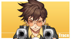 Rule 34 | 1girl, aiming, aiming at viewer, black jacket, brown eyes, brown hair, character name, chest harness, collared shirt, dress shirt, fur trim, glasses, gloves, greetload, grin, harness, highres, jacket, looking at viewer, overwatch, overwatch 1, pointing, pointing at viewer, shirt, short hair, smile, solo, spiked hair, tracer (overwatch), upper body, wing collar, yellow shirt