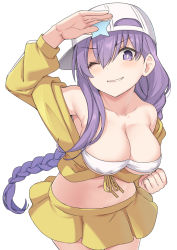 Rule 34 | 1girl, asymmetrical hair, bare shoulders, baseball cap, bb (fate), bb (fate) (all), bb (swimsuit mooncancer) (fate), bb (swimsuit mooncancer) (first ascension) (fate), blush, braid, breasts, cleavage, covered erect nipples, cropped jacket, fate/grand order, fate (series), hat, hat ornament, jacket, large breasts, long hair, looking at viewer, purple eyes, shiseki hirame, single braid, smile, solo, star (symbol), star hat ornament, thighs, white hat, yellow jacket