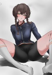 Rule 34 | 1girl, amane suzuha, arm behind back, ass, bike shorts, black shorts, blush, braid, brown hair, cameltoe, feet, female focus, green eyes, groin, groin tendon, jacket, kneehighs, koha (hlrqkqwd 2652), legs, long hair, long sleeves, looking at viewer, messy hair, neck, no shoes, shorts, simple background, sitting, socks, solo, steins;gate, thighs, track jacket, track suit, white background, white socks